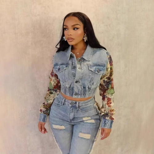 Printed Denim-Inspired Stretch Slim Fit Top