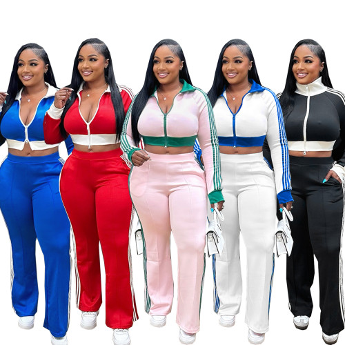 Contrast Zip Crop Top & Bodycon Leisure Pants Set