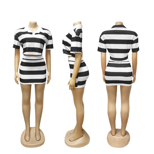 Women Striped Contrast Turndown Collar Crop Top and Bodycon Skirt Two-Piece Set