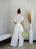 Breezy Riviera Chic: Lapel Crop Top & High-Waist Wide-Leg Pants Set