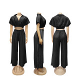 Breezy Riviera Chic: Lapel Crop Top & High-Waist Wide-Leg Pants Set