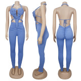 Halter Neck Open-Back Solid Color Jumpsuit