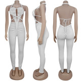 Halter Neck Open-Back Solid Color Jumpsuit