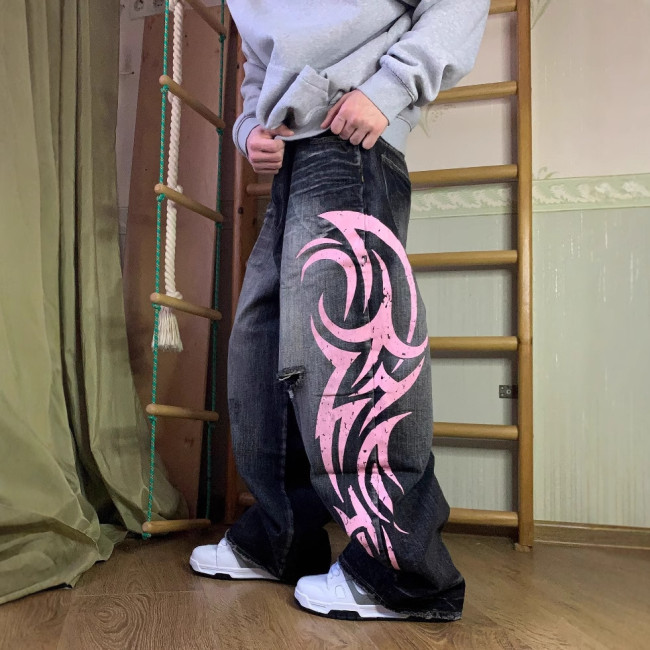 Unisex Dragging Printed Denim Pants Blade Colossus Jeans