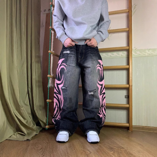 Unisex Dragging Printed Denim Pants Blade Colossus Jeans