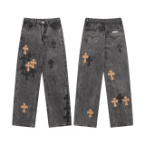 Vintage Cross Embroidered Relaxed Denim Jeans for Couples