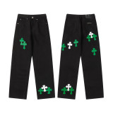 Vintage Cross Embroidered Relaxed Denim Jeans for Couples