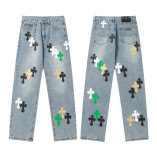 Vintage Cross Embroidered Relaxed Denim Jeans for Couples