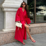 Cotton-Linen Relaxed Lapel Tie-Waist Maxi Robe Dress