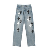 Vintage Cross Embroidered Relaxed Denim Jeans for Couples