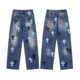 Vintage Cross Embroidered Relaxed Denim Jeans for Couples