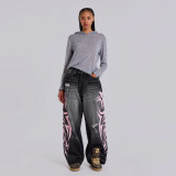 Unisex Dragging Printed Denim Pants Blade Colossus Jeans