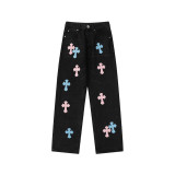 Vintage Cross Embroidered Relaxed Denim Jeans for Couples