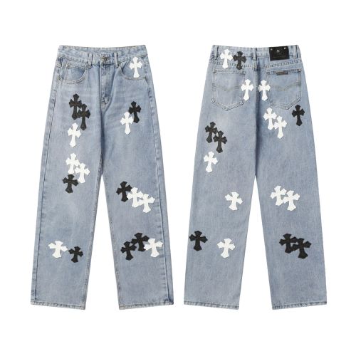 Vintage Cross Embroidered Relaxed Denim Jeans for Couples