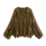 Elegant Asymmetric Ruffle Trim V-Neck Blouse