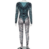 Off Shoulder Printed Long Sleeve Bodysuit Mesh See-Through Two-piece Set