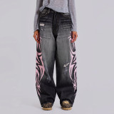 Unisex Dragging Printed Denim Pants Blade Colossus Jeans