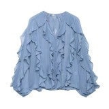 Elegant Asymmetric Ruffle Trim V-Neck Blouse