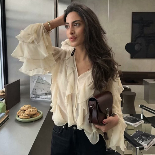 Elegant Asymmetric Ruffle Trim V-Neck Blouse