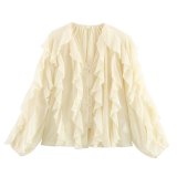 Elegant Asymmetric Ruffle Trim V-Neck Blouse