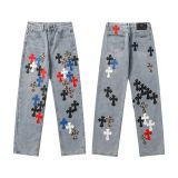 Vintage Cross Embroidered Relaxed Denim Jeans for Couples