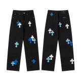 Vintage Cross Printed Relaxed Denim Jeans for Couples