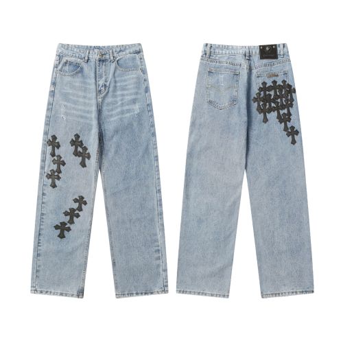 Vintage Cross Printed Relaxed Denim Jeans for Couples