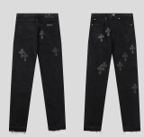 Vintage Cross Embroidered Relaxed Denim Jeans for Couples