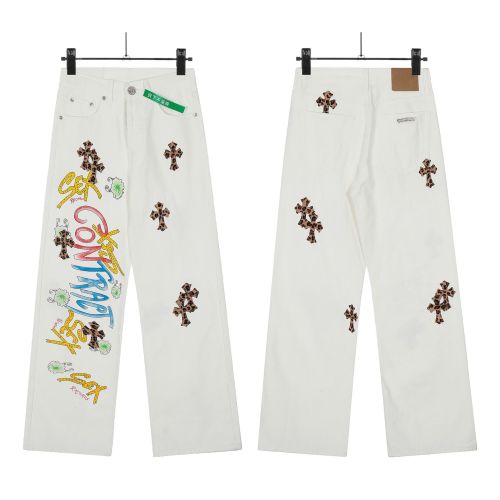 Vintage Cross Embroidered Relaxed Denim Jeans for Couples