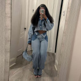 Women Fashion color matching Denim Top and Pant two-piece set