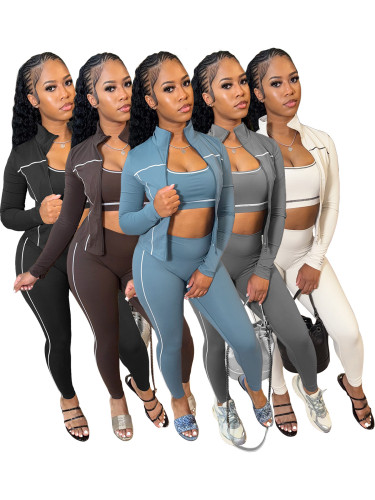 Thumb Loop Sports Top + Zip Jacket + Leggings Women's Athletic 3-Piece Ensemble