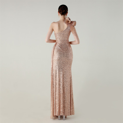 Beaded One-Shoulder Mermaid Evening Gown