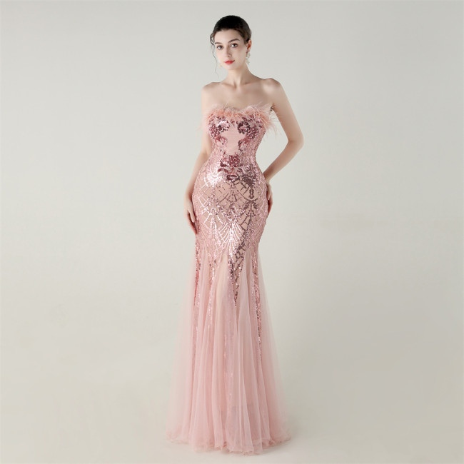 Ostrich Feather Sequin Corset Mermaid Gown