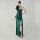 Beaded One-Shoulder Mermaid Evening Gown