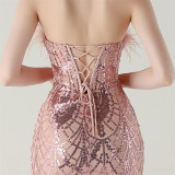 Ostrich Feather Sequin Corset Mermaid Gown