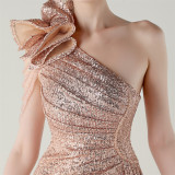 Beaded One-Shoulder Mermaid Evening Gown