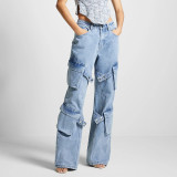 ihoov Multi-Pocket Straight-Leg Denim Pants