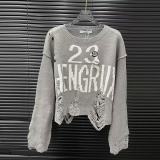 Distressed Pin-Accent Oversized Typography Knit Sweater