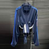 ihoov Color-Block Fishbone Waist Tie Stand Collar Cropped Jacket