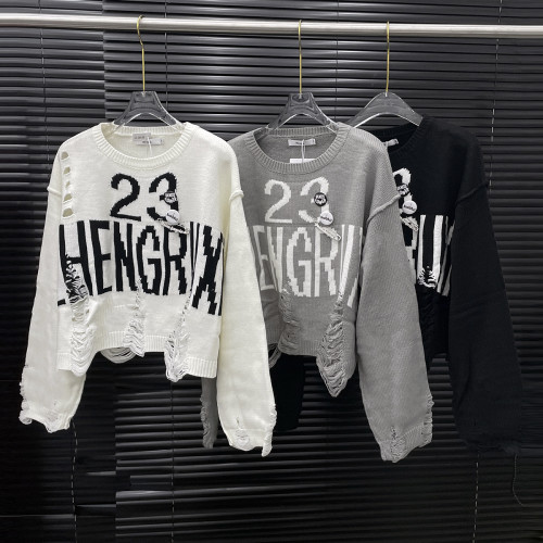 Distressed Pin-Accent Oversized Typography Knit Sweater