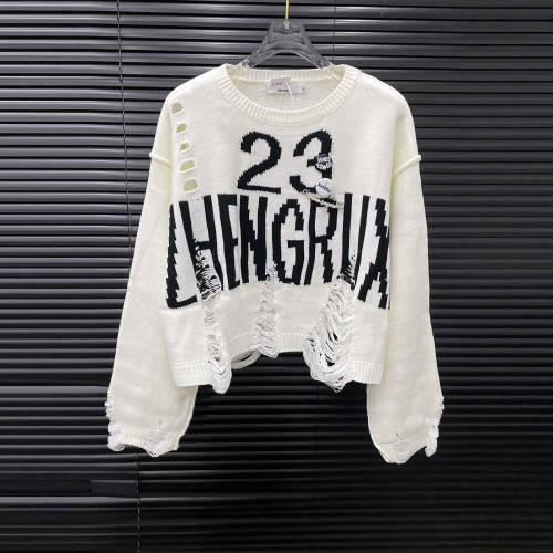 Distressed Pin-Accent Oversized Typography Knit Sweater
