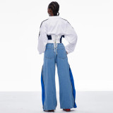 ihoov Color-Block Fishbone Waist Tie Stand Collar Cropped Jacket