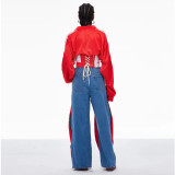 ihoov Color-Block Fishbone Waist Tie Stand Collar Cropped Jacket