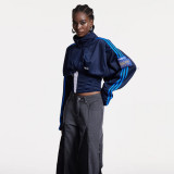 ihoov Color-Block Fishbone Waist Tie Stand Collar Cropped Jacket