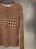 Elegant Brown Plaid Crew Neck Long Sleeve Top