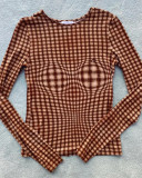 Elegant Brown Plaid Crew Neck Long Sleeve Top