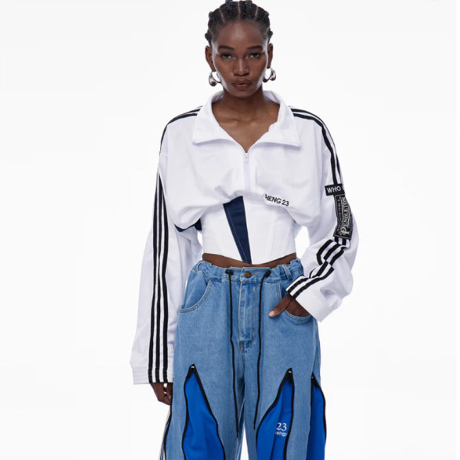 ihoov Color-Block Fishbone Waist Tie Stand Collar Cropped Jacket