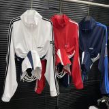 ihoov Color-Block Fishbone Waist Tie Stand Collar Cropped Jacket