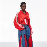 ihoov Color-Block Fishbone Waist Tie Stand Collar Cropped Jacket
