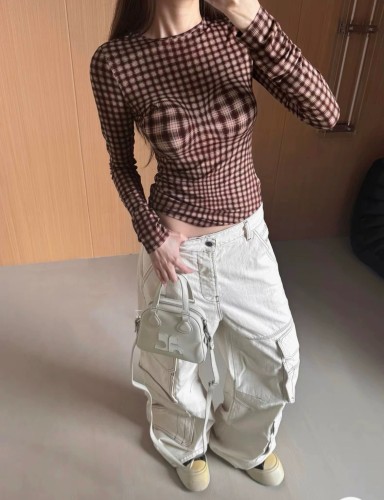 Elegant Brown Plaid Crew Neck Long Sleeve Top